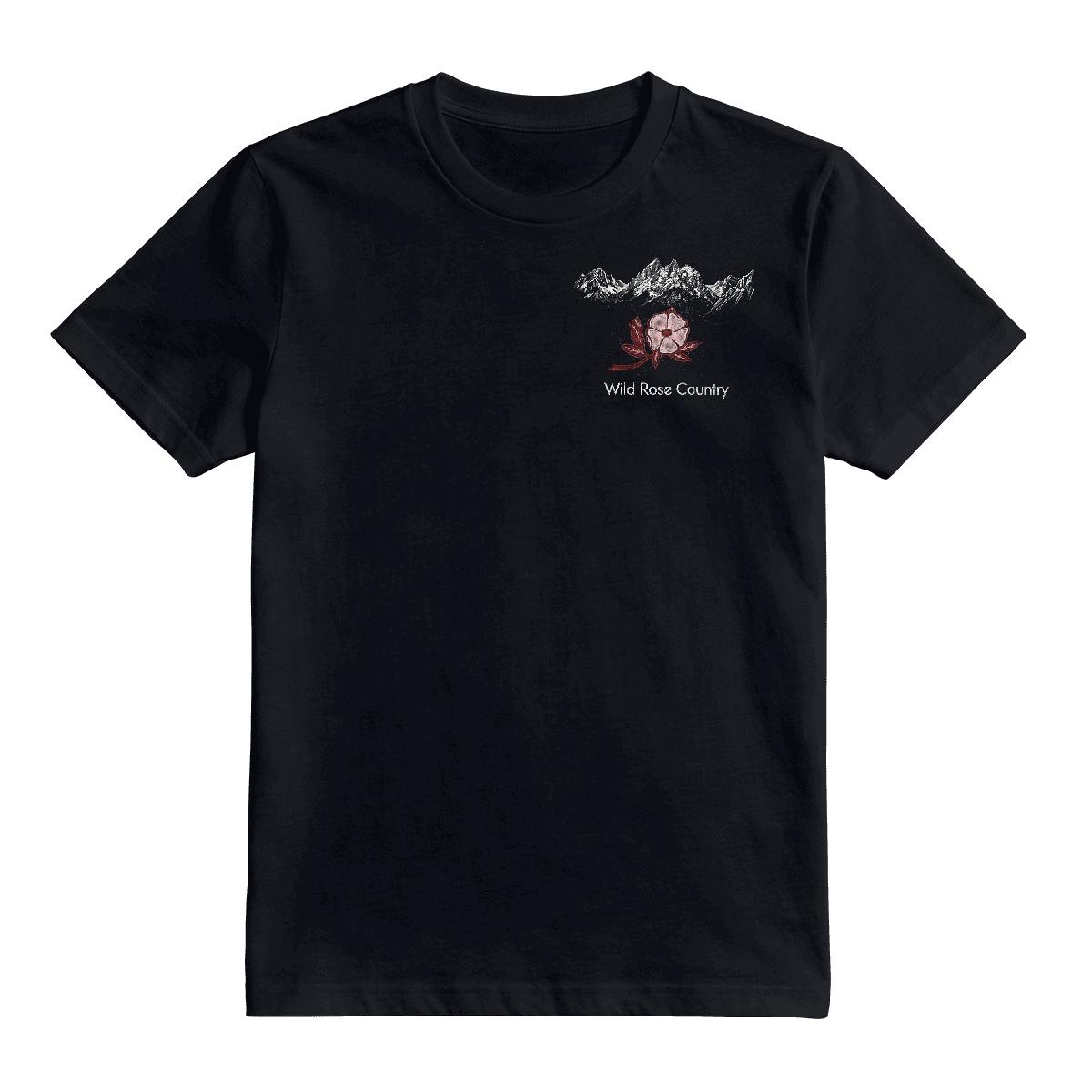 Wild Rose Country heavy cotton tee — black, left-chest mountain and wild rose print