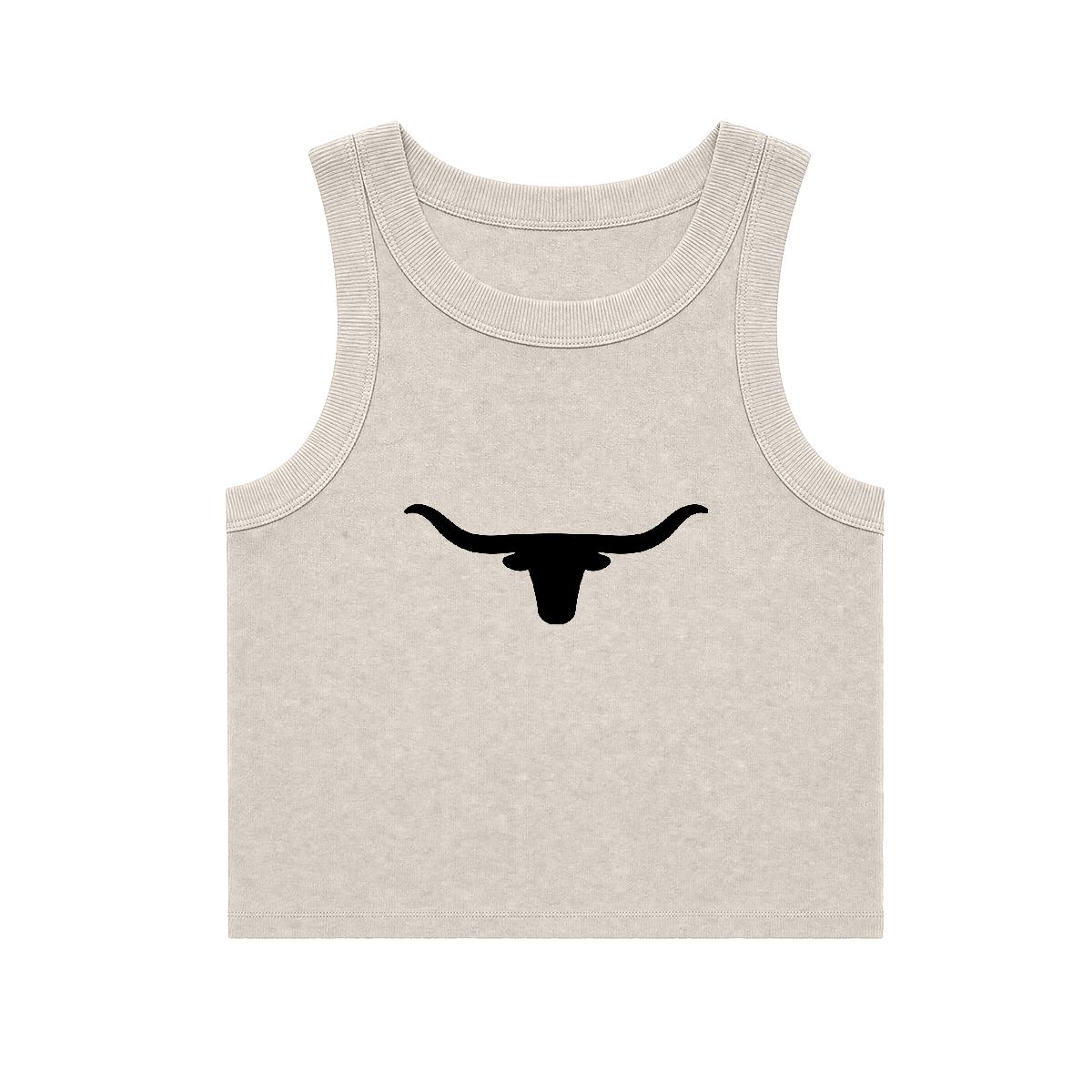 By the Horns! crop top — black longhorn silhouette centred on a bone relaxed crop top with wide rib trim