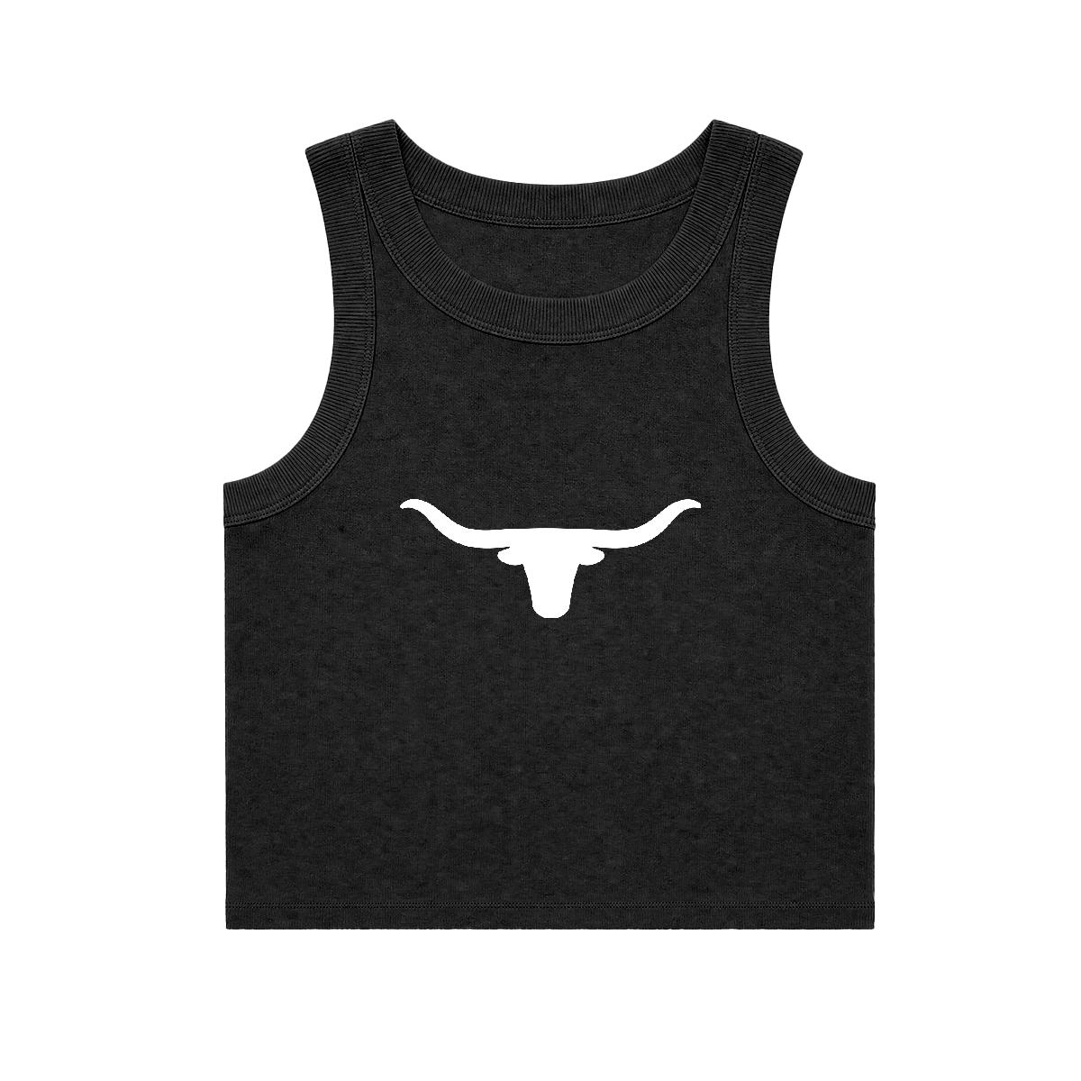 By the Horns! rib crop tank — white longhorn silhouette on a black slim organic rib crop tank