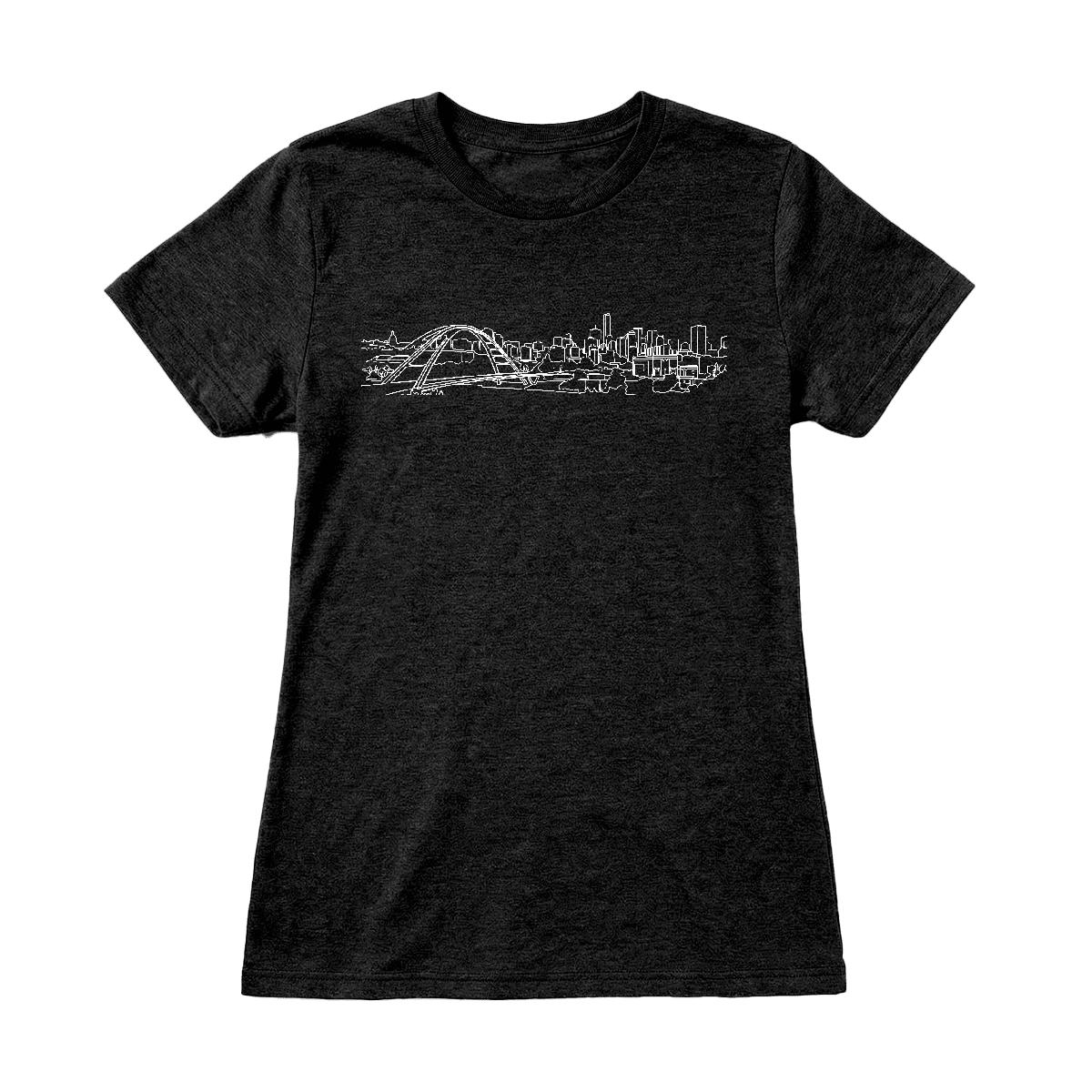 Totally Alberta! women's tee — neon cowgirl, pumpjacks and a synthwave sunset on a pitch black tee