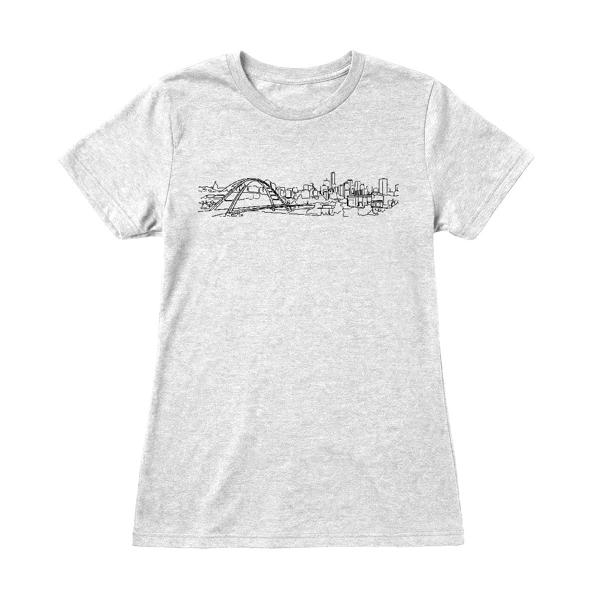 E-Town women's tee — the Edmonton skyline and Walterdale Bridge drawn in one continuous line, on a white semi-fitted tee