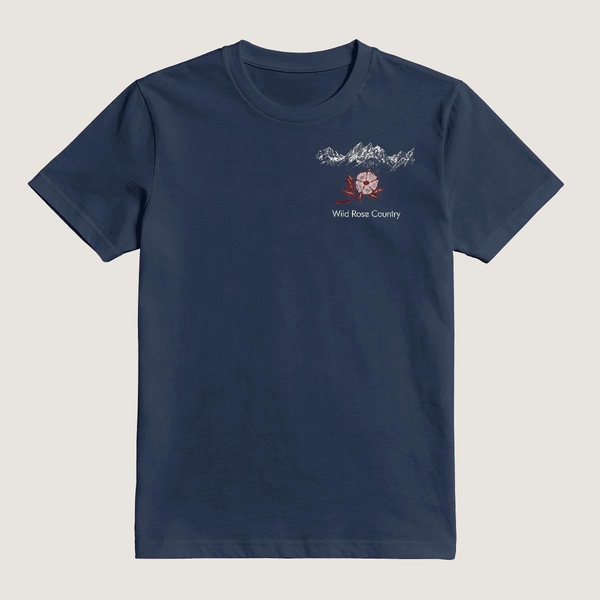 Wild Rose Country heavy cotton tee — navy, left-chest mountain and wild rose print