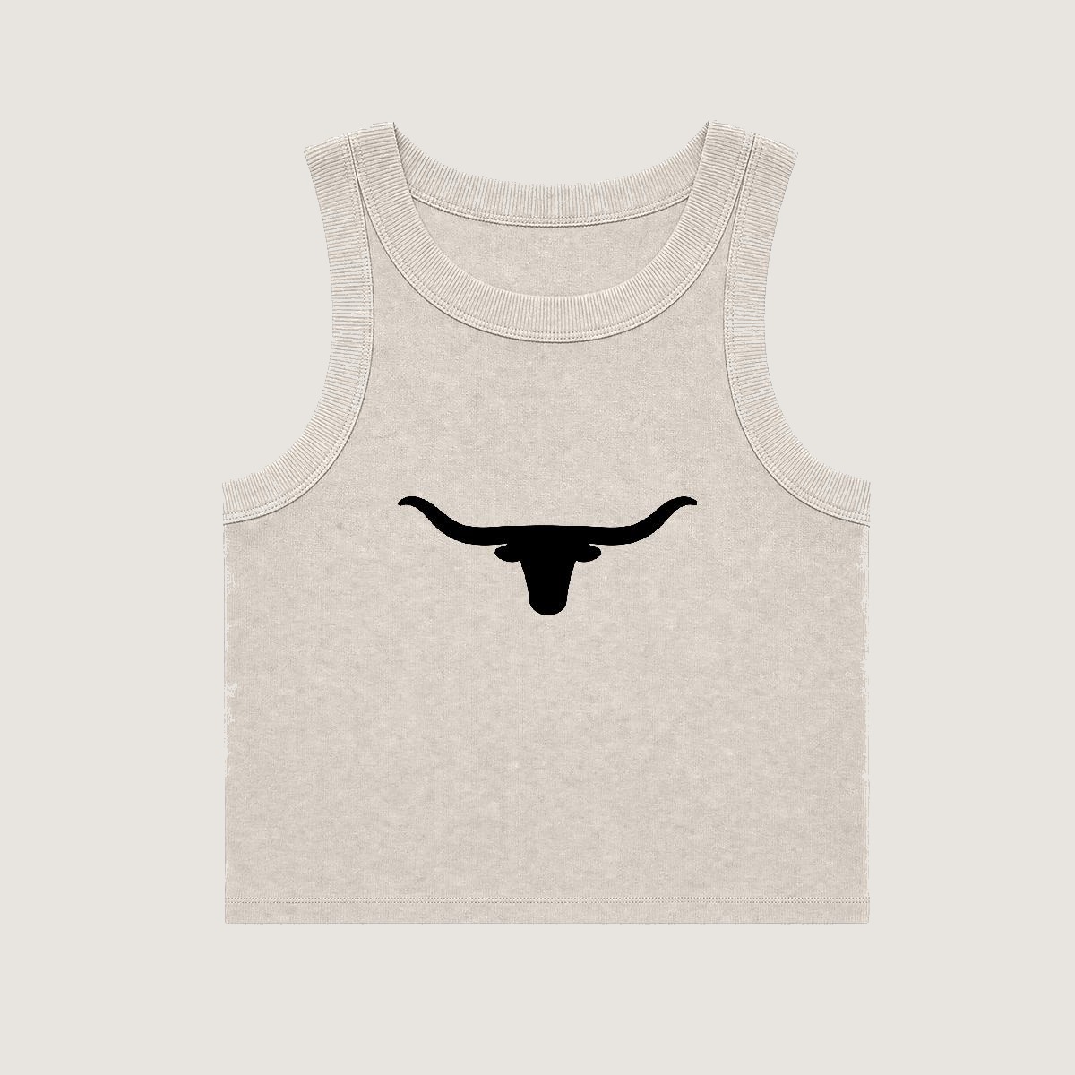 By the Horns! crop top — black longhorn silhouette centred on a bone relaxed crop top with wide rib trim