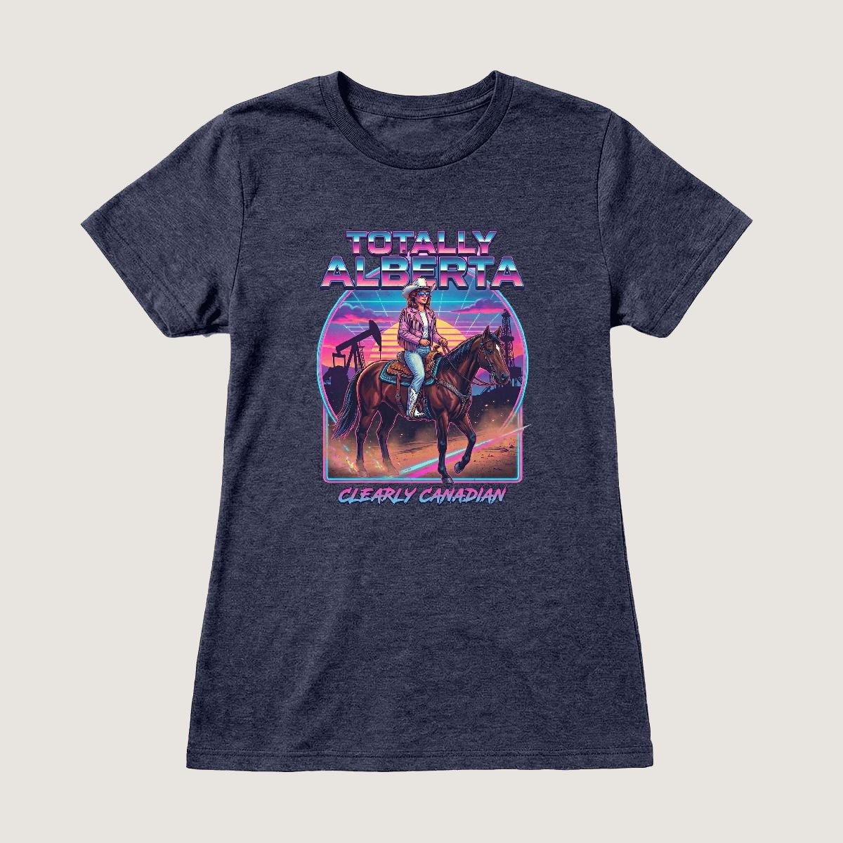 E-Town women's tee — Edmonton skyline and Walterdale Bridge in one continuous line on a navy mist semi-fitted tee
