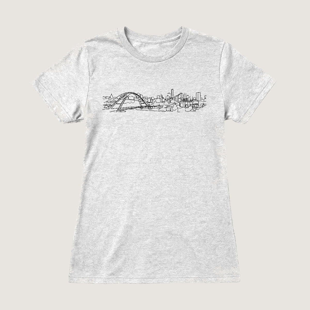 E-Town women's tee — the Edmonton skyline and Walterdale Bridge drawn in one continuous line, on a white semi-fitted tee